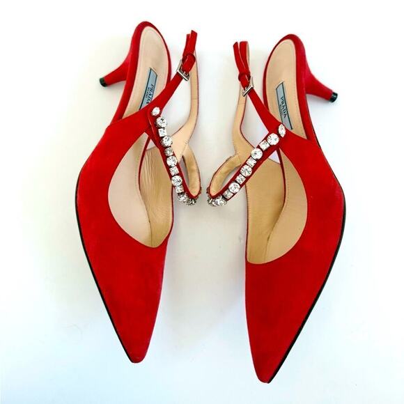 Prada Red Suede Leather Crystal embellished Mary Jane Sling back pumps EU 38.5 - Picture 5 of 11